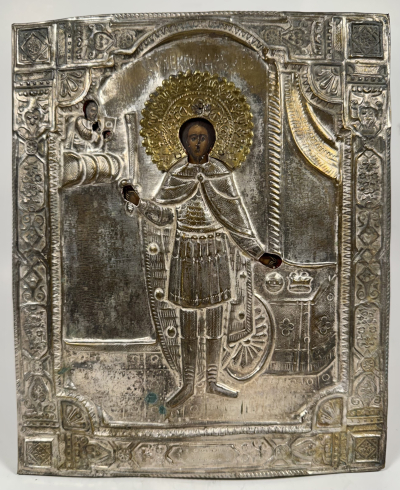 Russian Icon - Grand Prince Alexander Nevsky in brass revetment cover