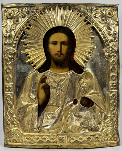 Russian Icon - Christ Pantocrator in brass revetment cover