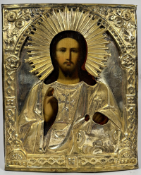Russian Icon - Christ Pantocrator in brass revetment cover