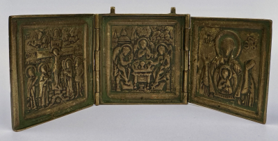 Russian Folding Travel Skladen Icon of the Crucifixion, Trinity &amp; Our Lady of the Sign
