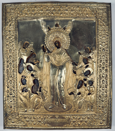 Russian Icon - Mother of God, Joy to All Who Sorrow in brass revetment cover