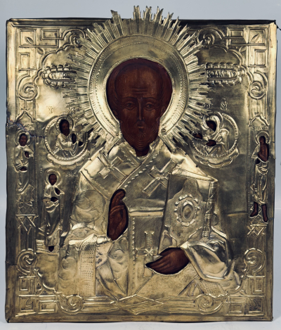 Russian Icon - Saint Nicholas the Wonderworker of Myra with border saints in brass revetment cover