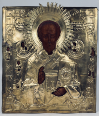 Russian Icon - Saint Nicholas the Wonderworker of Myra with border saints in brass revetment cover