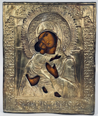 Russian Icon - Our Lady of Vladimir in brass revetment cover