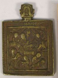 Small Russian pectoral brass plaquette icon depicting Prophet Elijah with scenes of life and fiery ascent into Heavens