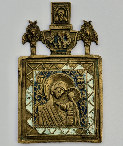 Small Russian Orthodox brass icon of Our Lady of Kazan