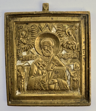 Small Russian Orthodox brass icon of St. Nicholas the Wonderworker of Myra