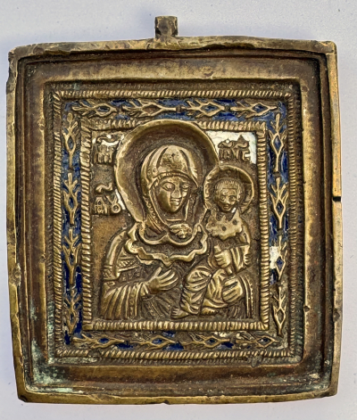 Small Russian Orthodox brass icon of Our Lady of Smolensk