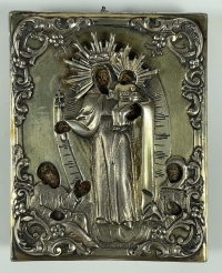 Small Russian icon - Joy to All Who Sorrow Mother of God in silver revetment cover