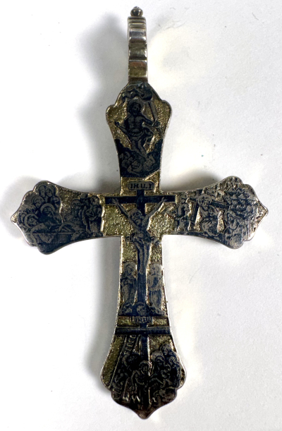 Russian silver Orthodox pectoral cross with Crucifixion and Scenes of Christ's Passion