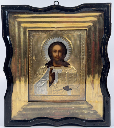 Russian Icon - Christ Pantocrator in silver revetment cover and kiot frame