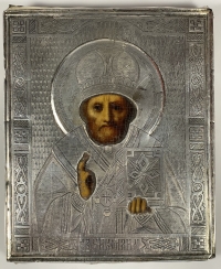 ca. 1880 Russian Icon - St. Nicholas of Myra in silver revetment cover