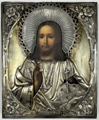Russian Icon - Christ Pantocrator in silver revetment cover