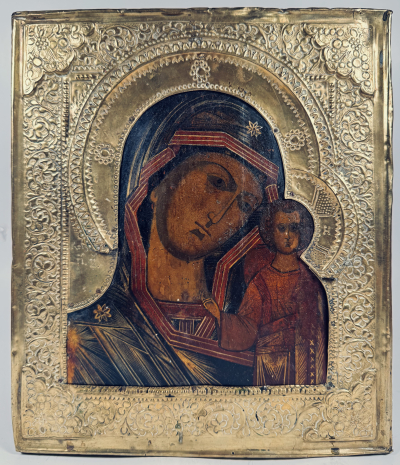 Russian Icon - Our Lady of Kazan in brass revetment cover