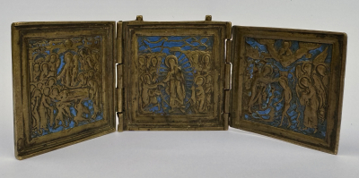 Russian Folding Travel Skladen Icon of Orthodox Feasts: Dormition, Descent into Hades &amp; Baptism