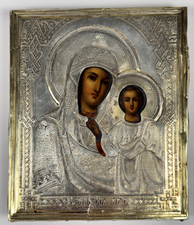 Small Russian Icon - Our Lady of Kazan in silver revetment cover