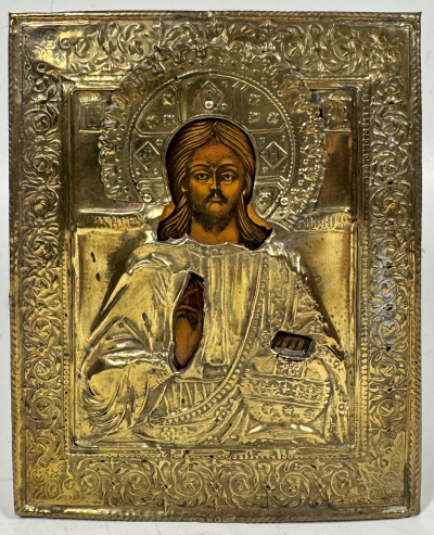 Russian Icon - Christ Pantocrator in brass revetment cover