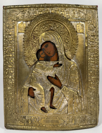 Russian Icon - Feodorovskaya Mother of God in brass revetment cover